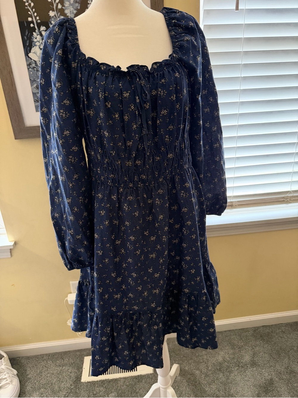 Celebrity Pink Navy Blue Long Sleeve Floral Peasant Dress